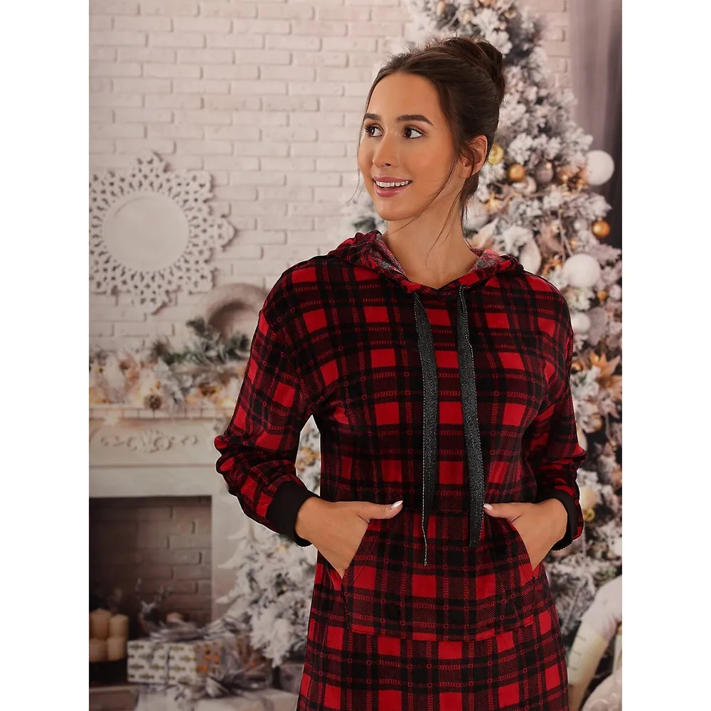 Emily and Jane Holiday Lux Plaid Velour Long Hoodie Lounger