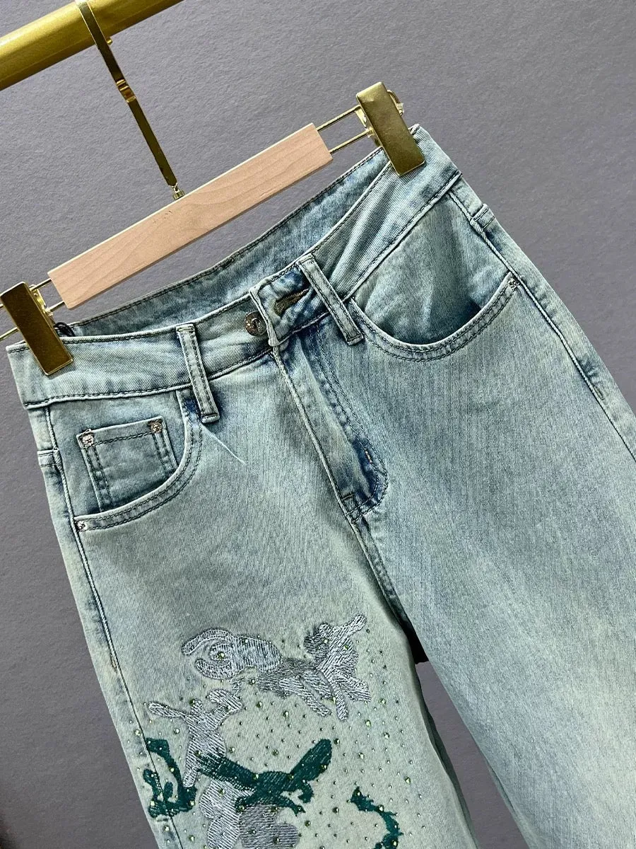 Ethnic style embroidered hot diamond denim wide-leg pants for women trendy 2024 new spring high-waisted loose slimming trousers