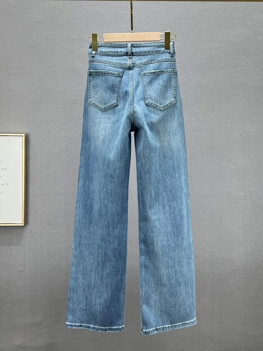 European denim wide-leg pants for women, trendy 2024 new spring high-waisted loose slimming ins hot diamond floor-length trouser