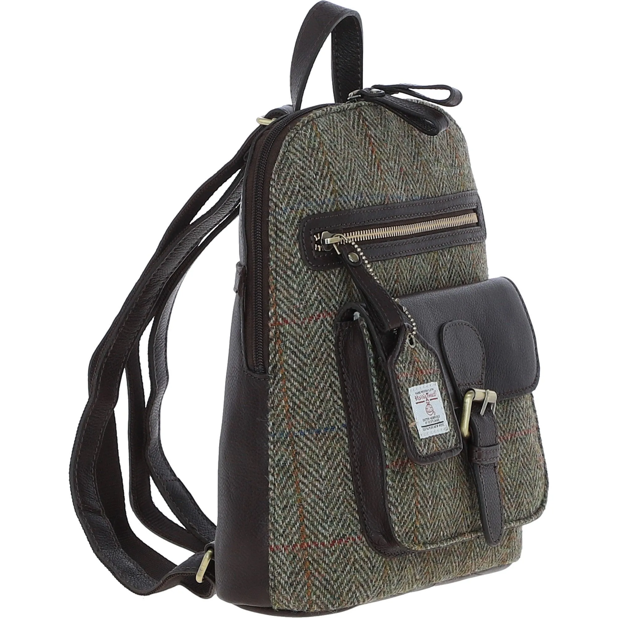 Exquisite Ashwood Leather x Harris Tweed Backpack Brown/Green: TW-25-09-BG