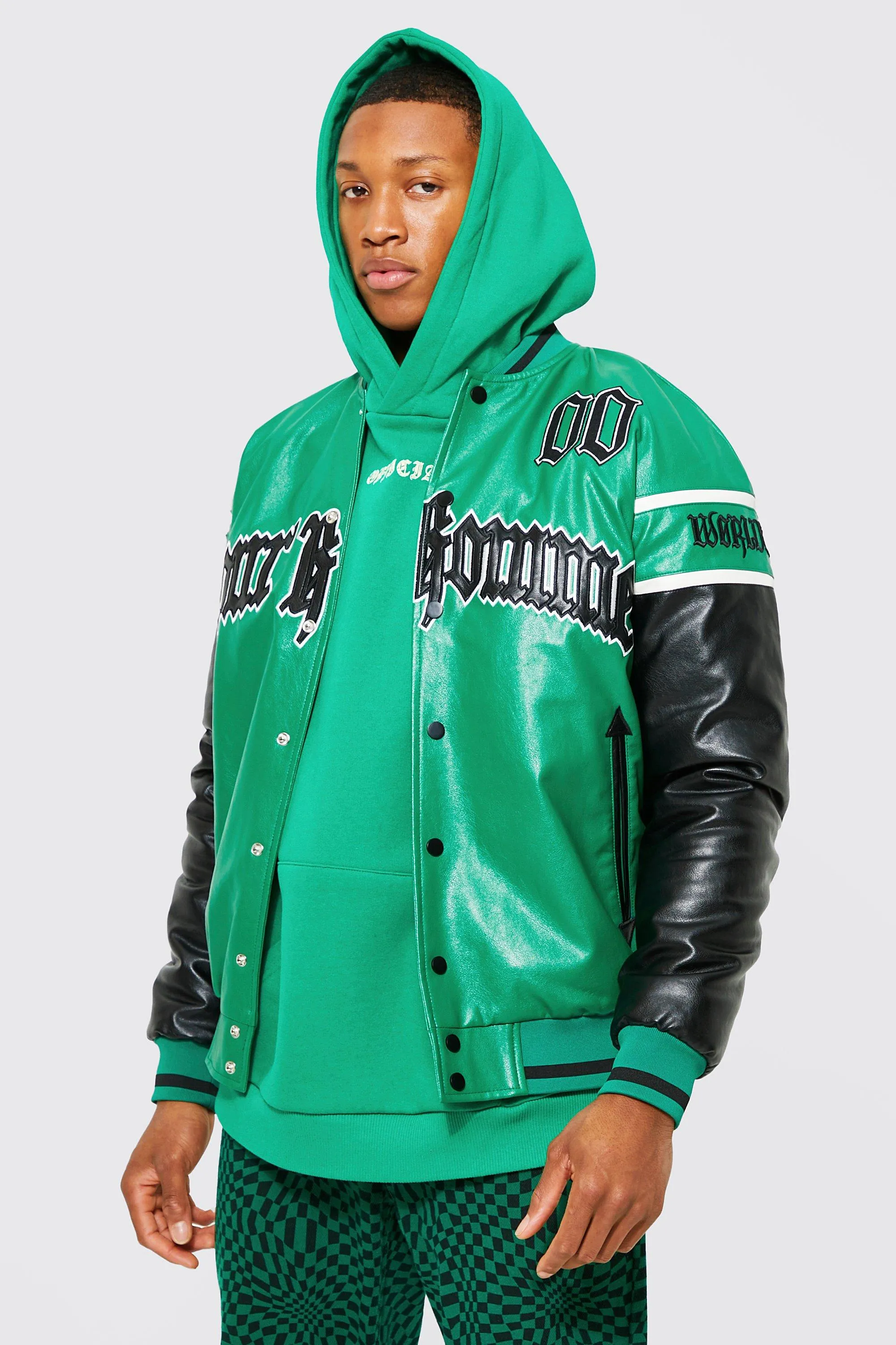 Faux Leather Pour Homme Varsity Jacket | boohooMAN UK