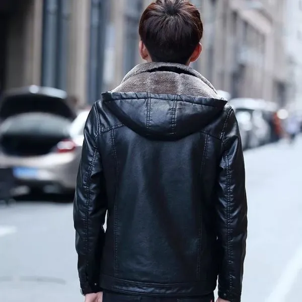 Faux leather hooded jacket for men with side pockets