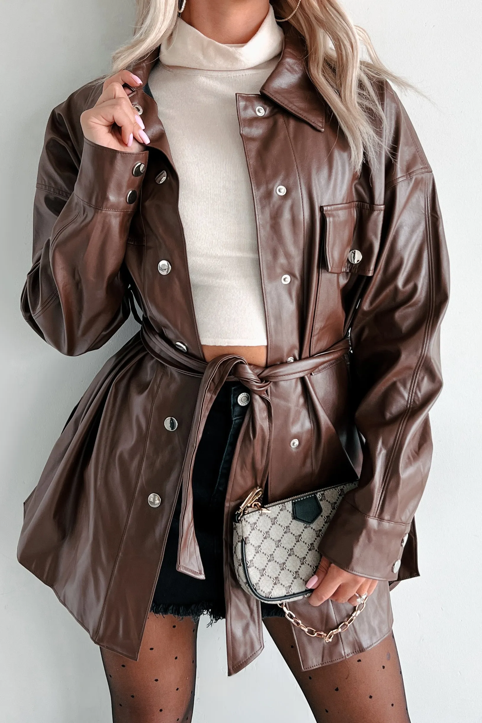 Feeling Fearless Faux Leather Belted Jacket (Brown)