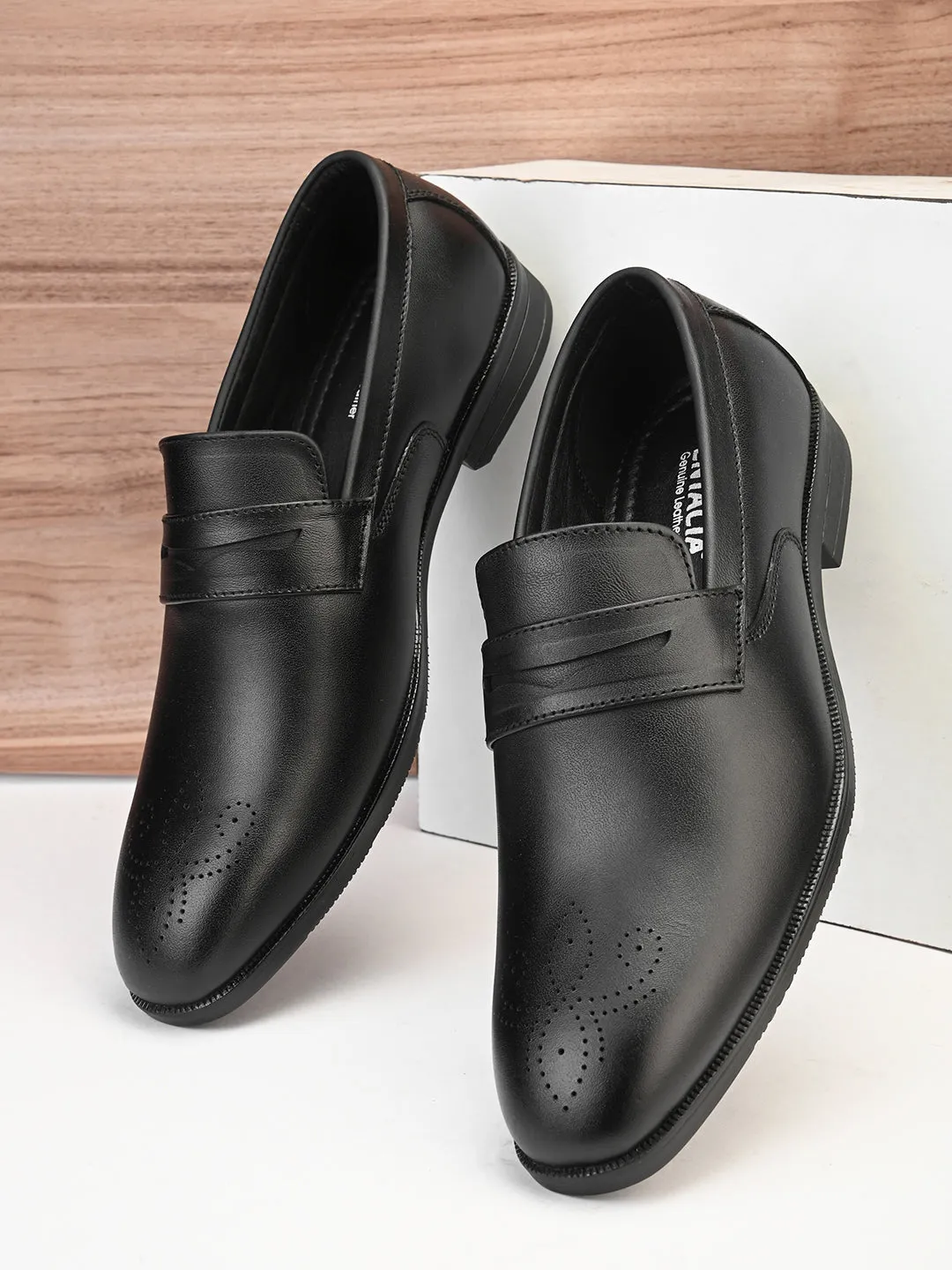 FENTACIA Men Black Perforated Formal Slip On Shoes