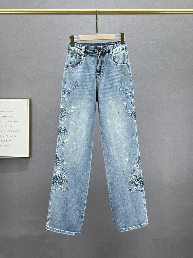 Floor-length denim straight pants for women 2024 new spring high-waisted loose slimming heavy-duty embroidered hot-drilled plus-
