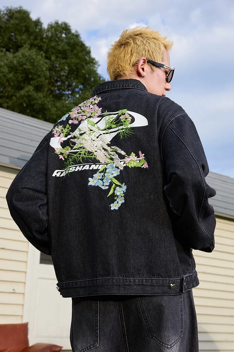 Floral Embroidered Washed Denim Jacket