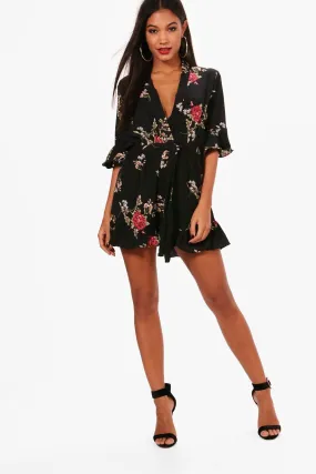 Floral Ruffle Sleeve Wrap Over Romper