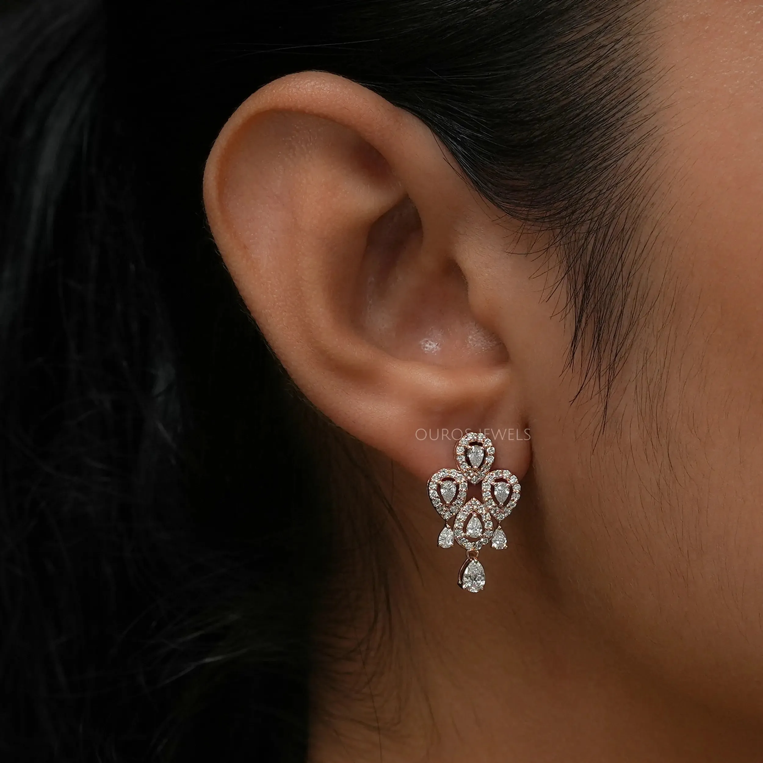 Flower Shape Pear Diamond Halo  Earrings