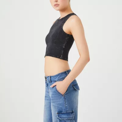 Forever 21 Juniors Washed Knit Muscle Cropped Womens Crew Neck Sleeveless Tank Top