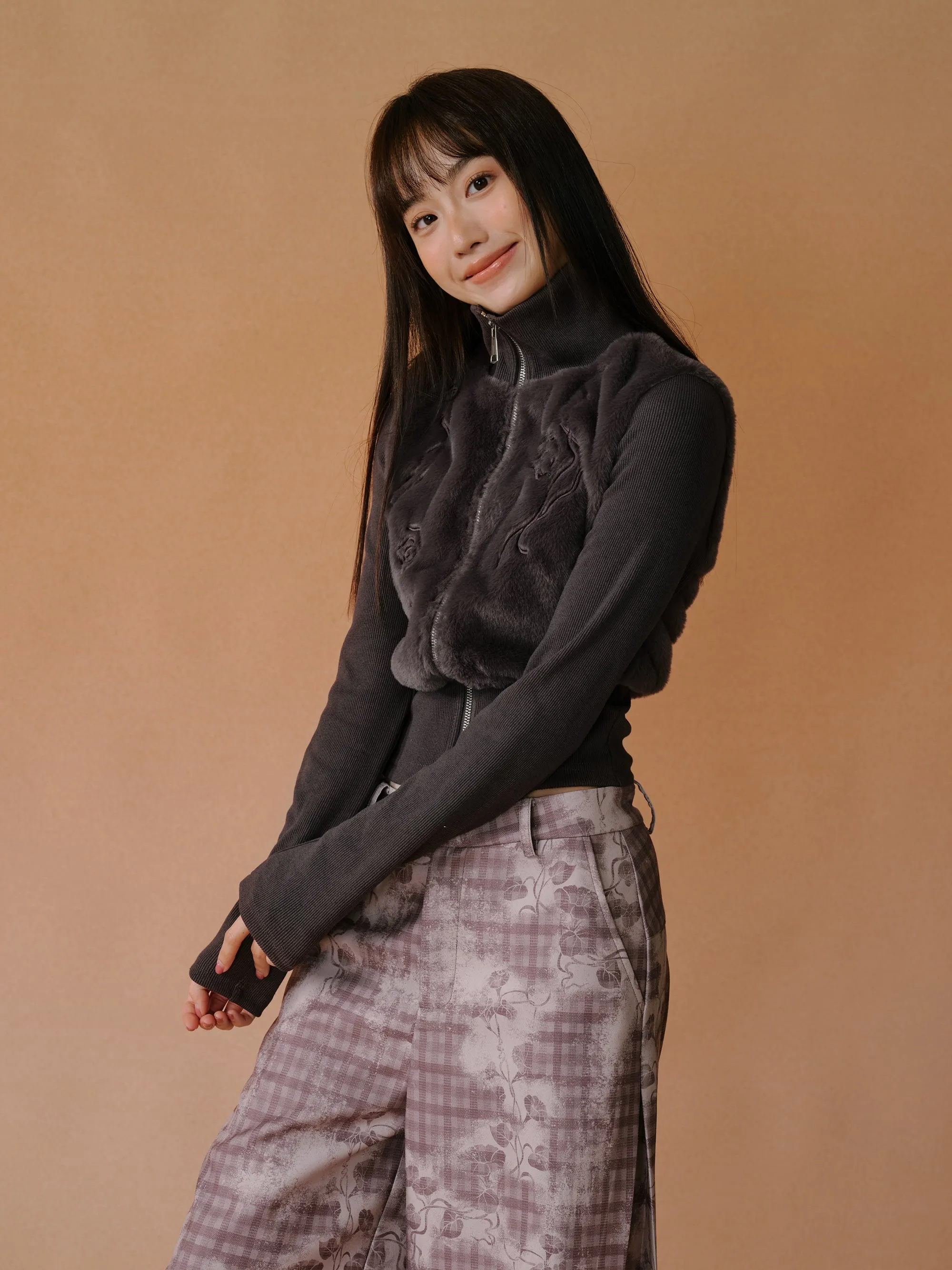 Fur Stitching Flower Vine Zipper High Neck Jacket