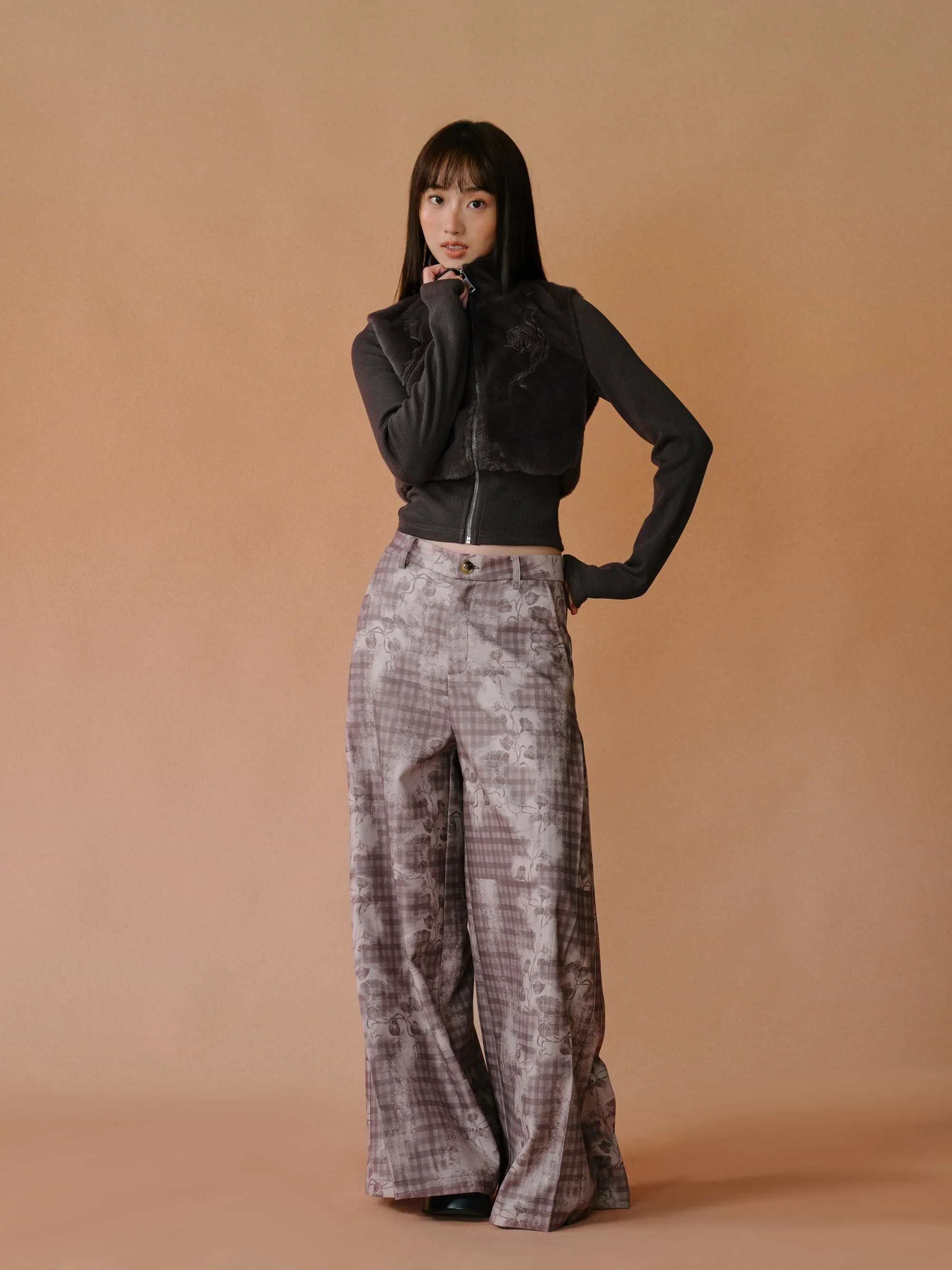 Fur Stitching Flower Vine Zipper High Neck Jacket