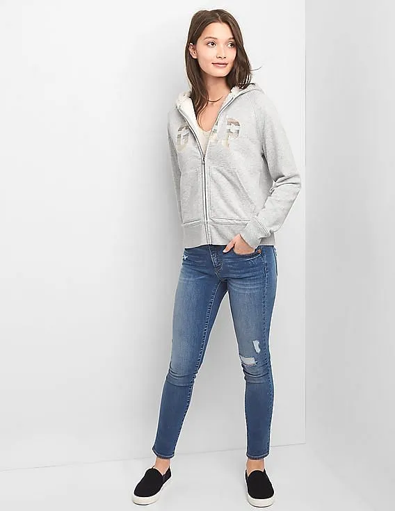GAP Women Grey Crazy Stripe Logo Hoodie