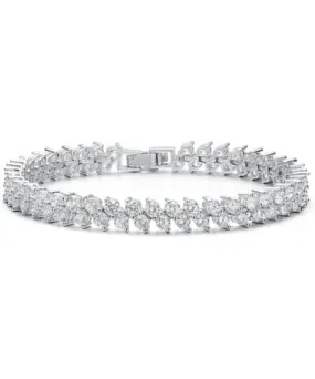 Genevive White Gold Plated With Cubic Zirconia 2-stone Cluster Link Tennis Bracelet