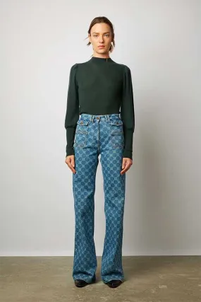 Gerard Darel LANCELOT DARK GREEN STAND UP COLLAR FINE WOOL RIBBED SWEATER