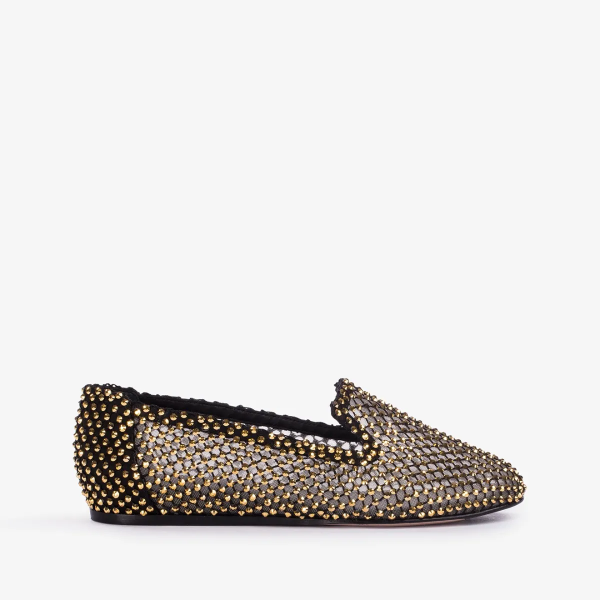 GILDA SLIPPER Black fishnet slipper with gold Crystals