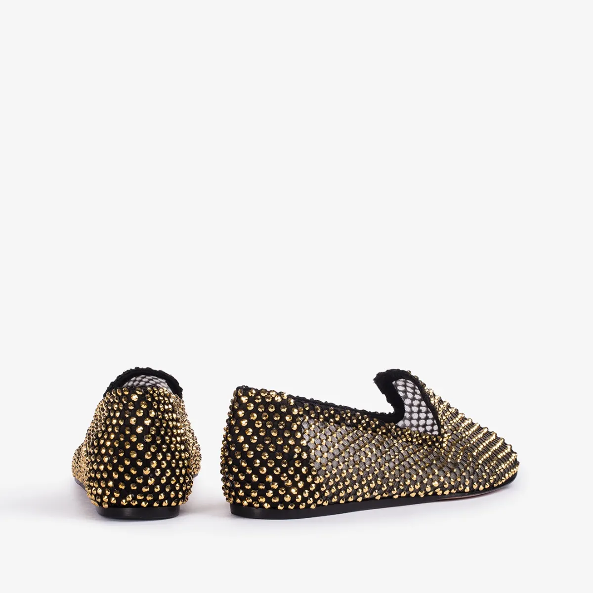 GILDA SLIPPER Black fishnet slipper with gold Crystals