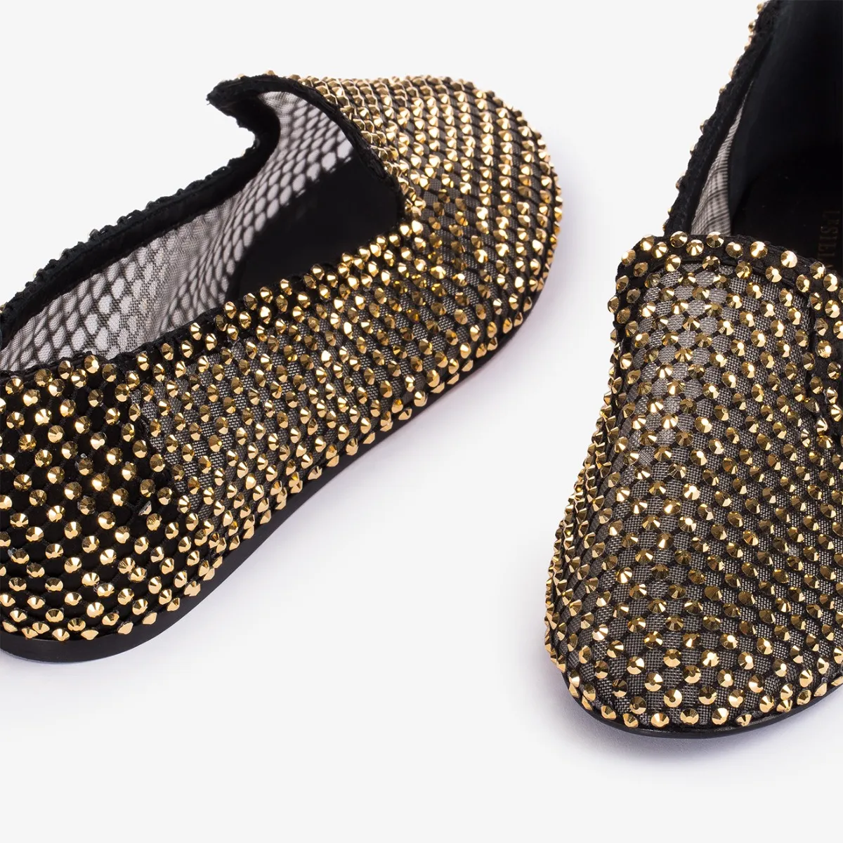 GILDA SLIPPER Black fishnet slipper with gold Crystals