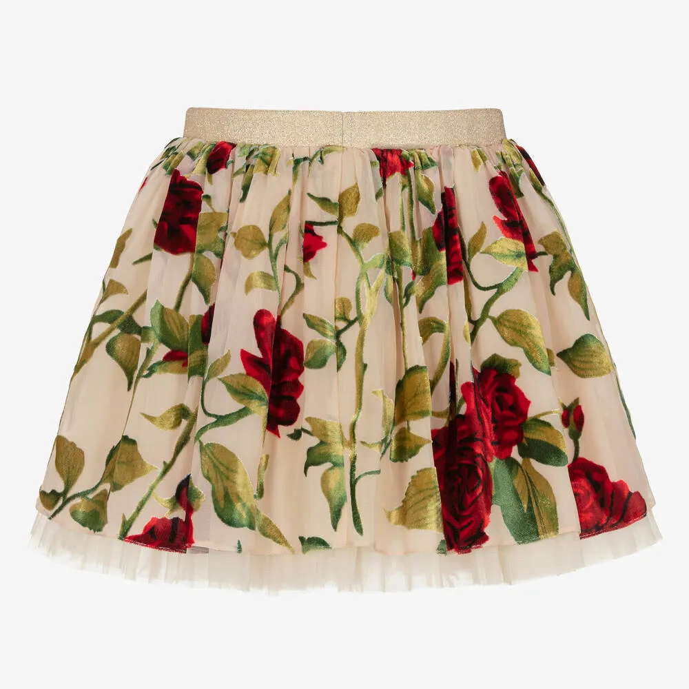 Girls Beige Floral Skirt