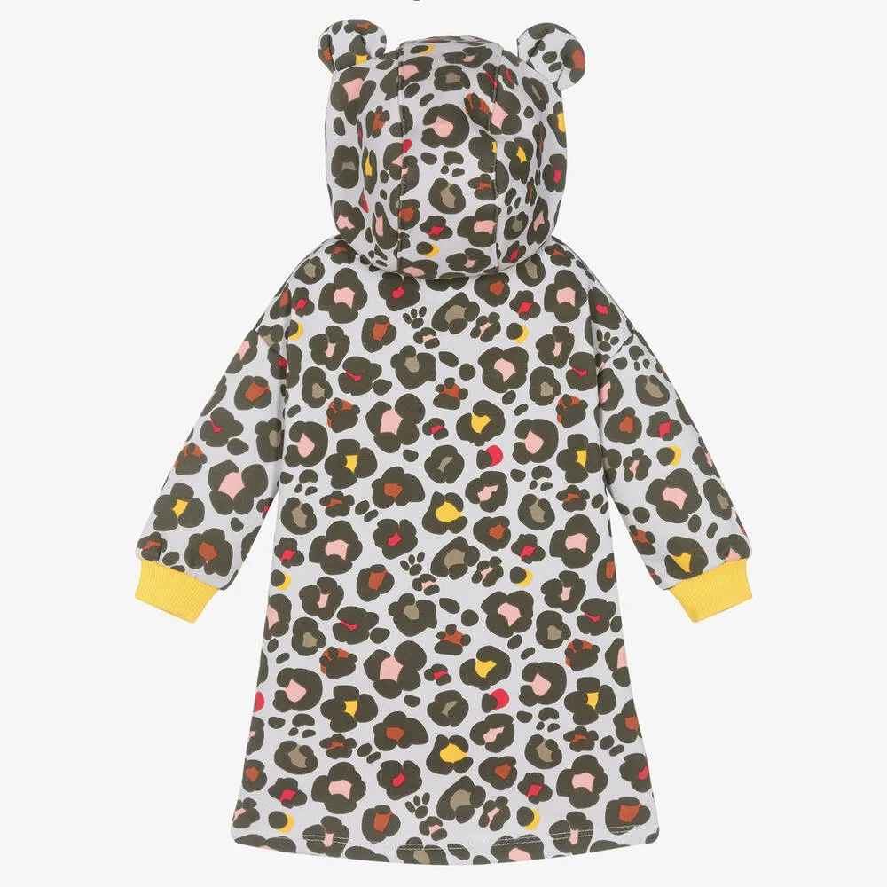 Girls Grey Cotton Animal Print Hooded Dress