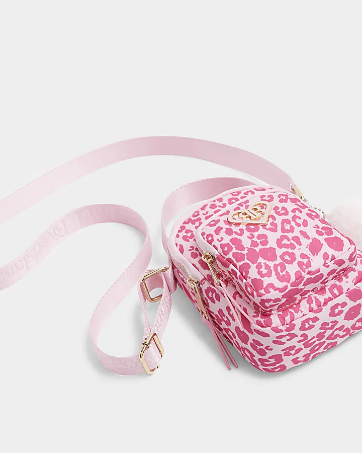 Girls pink leopard print cross body bag