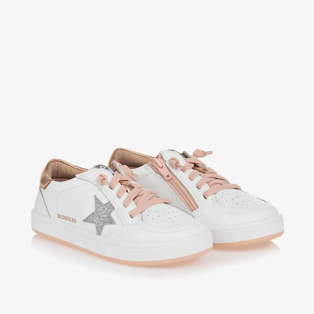 Girls White & Rose Gold Leather Trainers