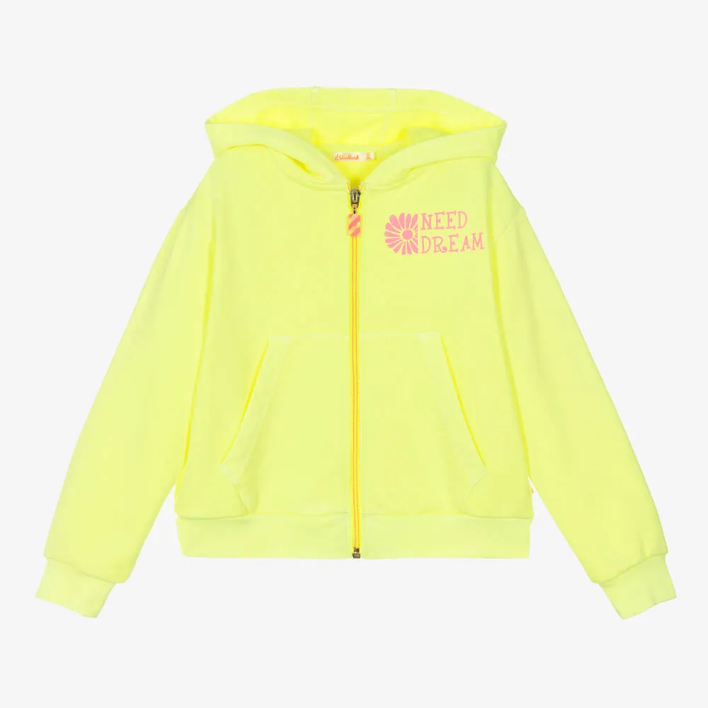 Girls Yellow Cotton Hooded Zip-Up Top