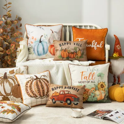 Glitzhome Faux Burlap Fall Pumpkin Rectangular Throw Pillow
