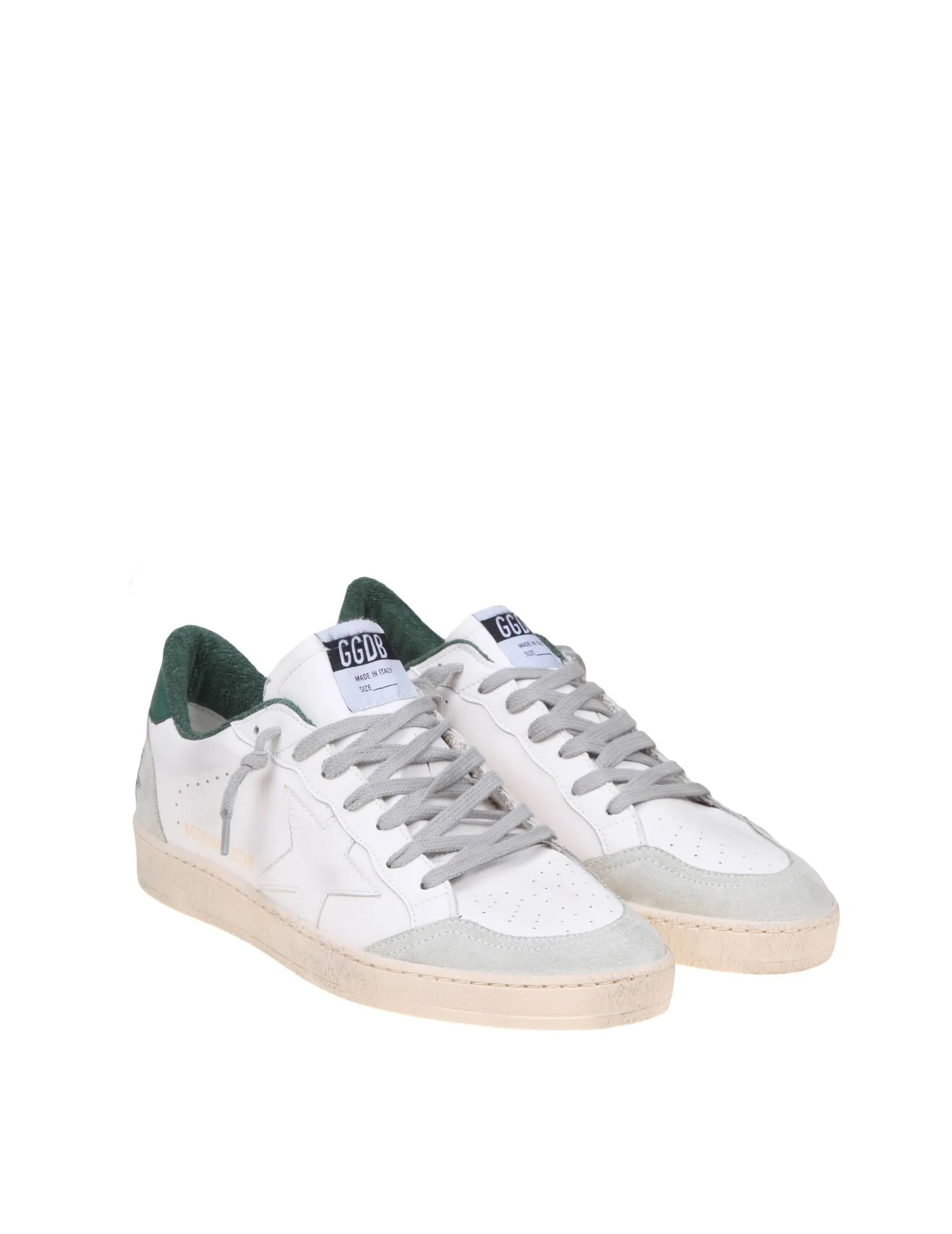 GOLDEN GOOSE BALLSTAR SNEAKERS IN WHITE AND GREEN LEATHER