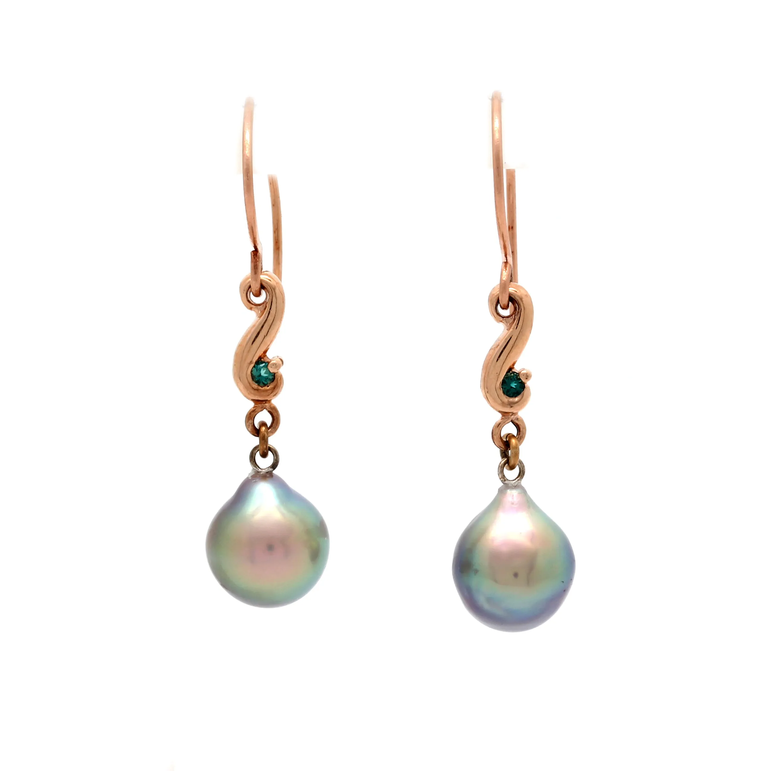 Gorgeous Green Cortez Pearls on 14K Rose Gold Earrings with Green/Blue Lazulite by Kathe Mai