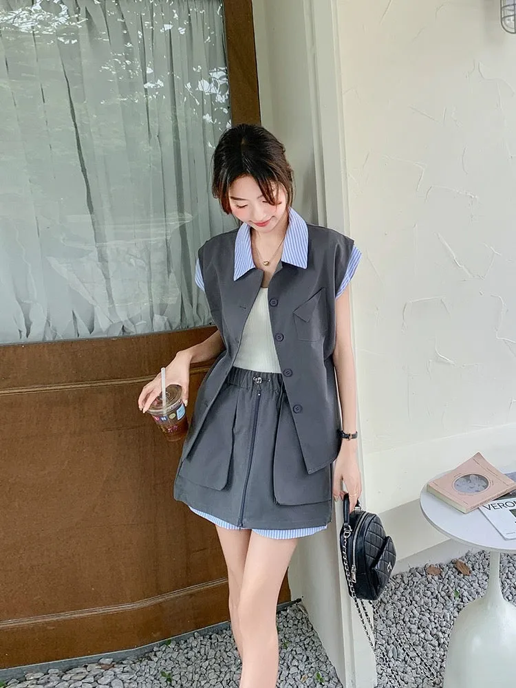 Gray striped splicing casual suit skirt for women summer 2024 new sleeveless shirt workwear short skirt two-piece set