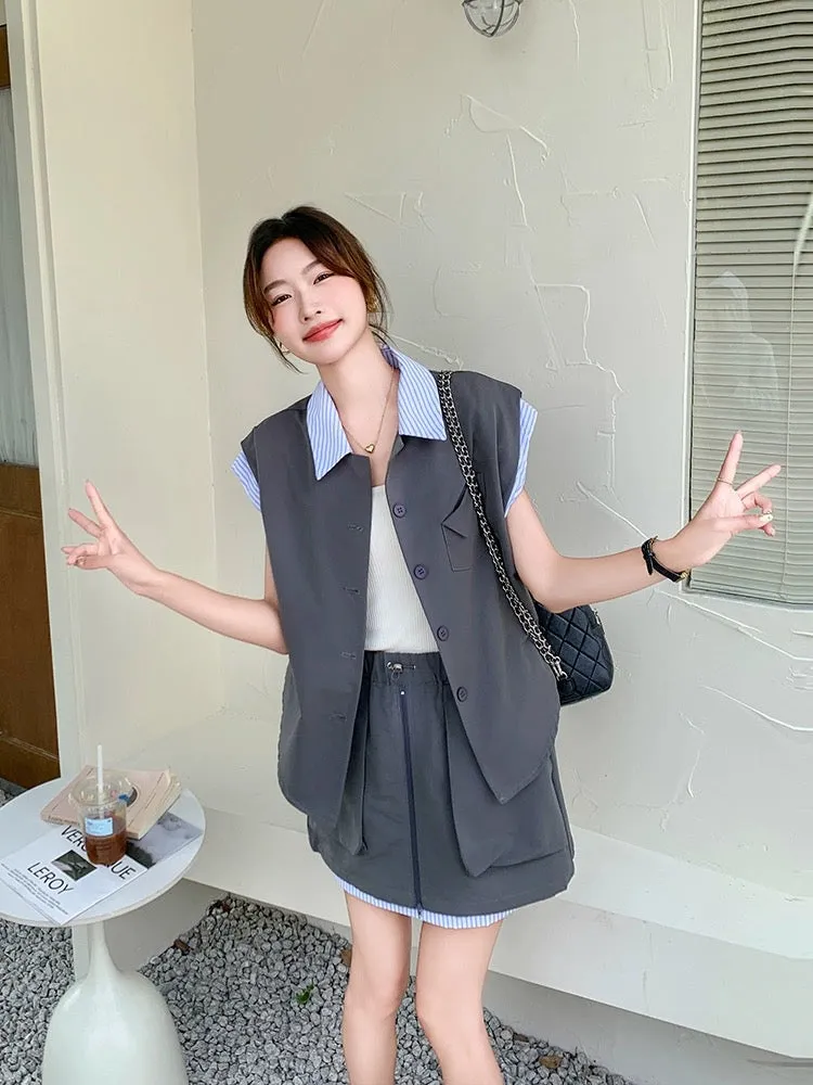 Gray striped splicing casual suit skirt for women summer 2024 new sleeveless shirt workwear short skirt two-piece set