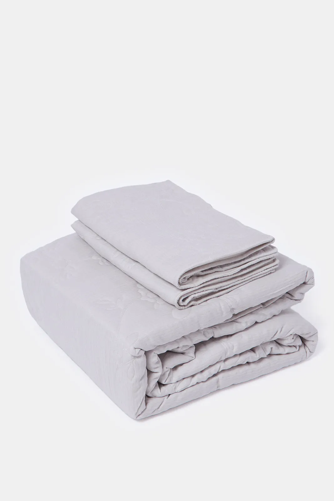 Grey 3-Piece Floral Crinkled Quilt (Double Size)