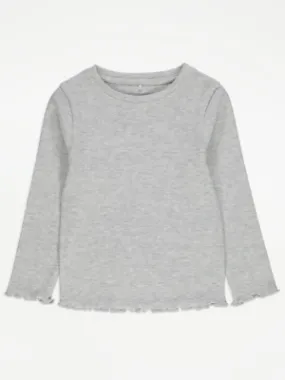 Grey Marl Ribbed Lettuce Edge Long Sleeve Top | Kids | George at ASDA