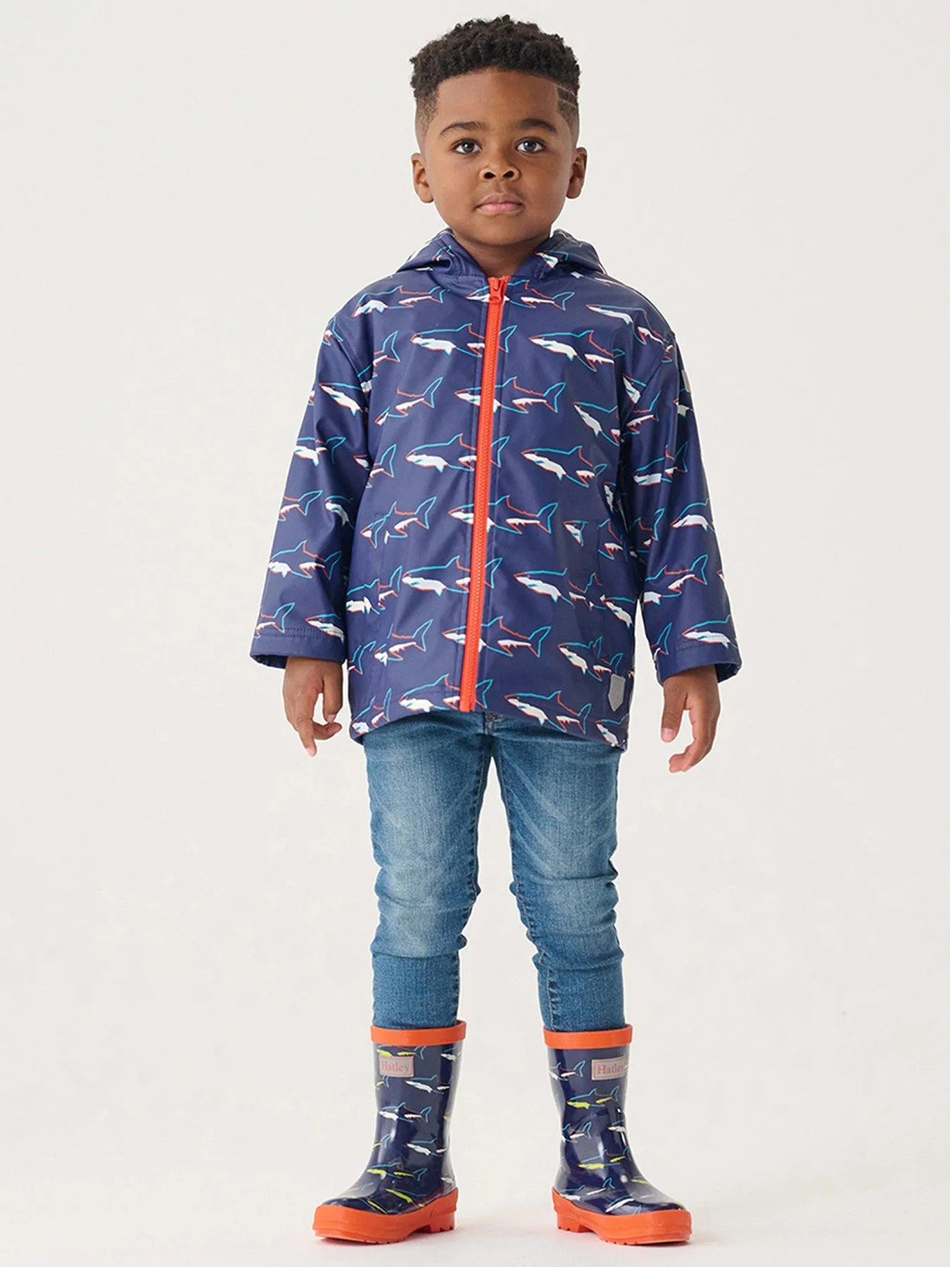 Hatley Boys Colour Change Sharks Zip Up Rain Jacket - Patriot Blue