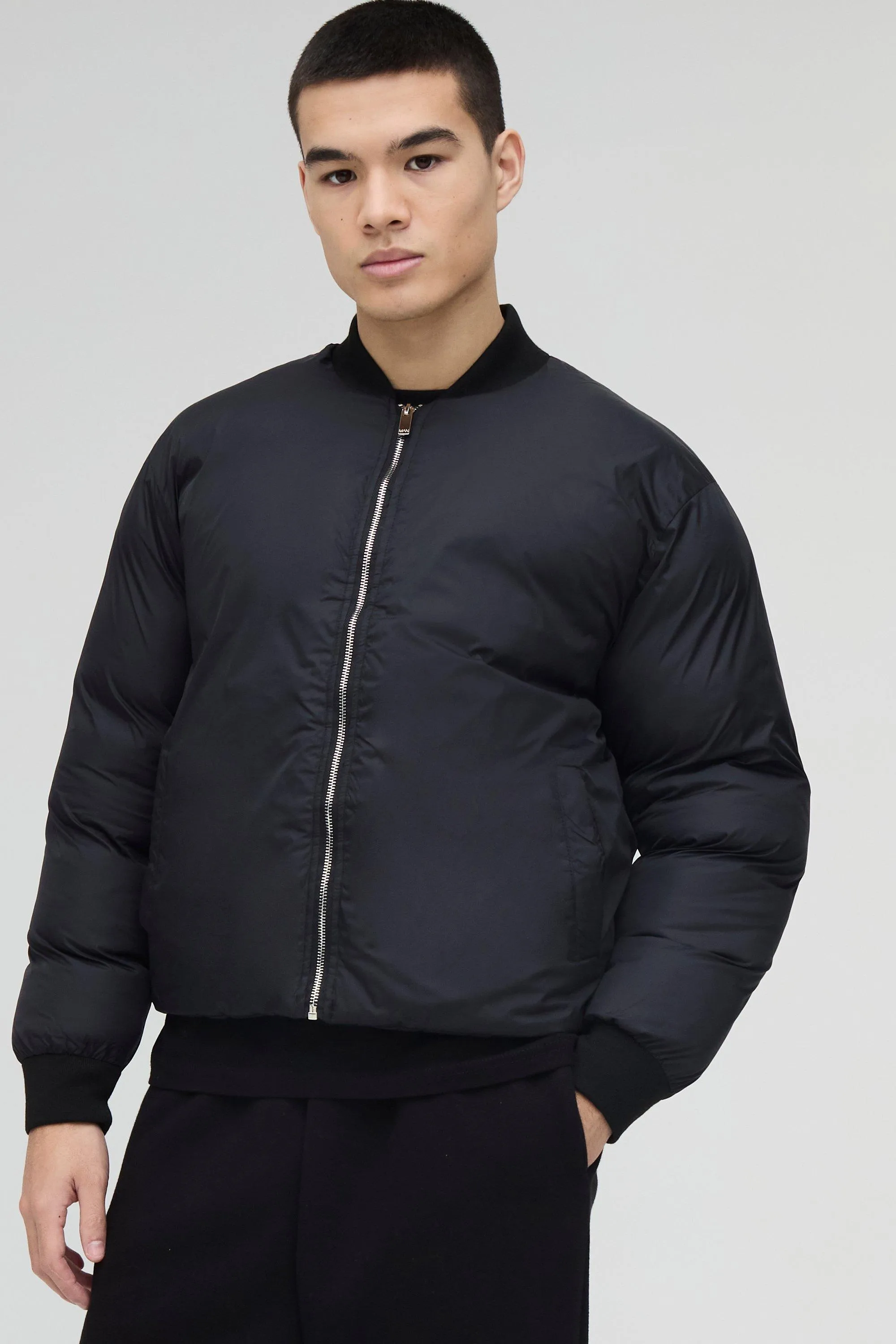 Heavy Padded Puffer Bomber Jacket In Black