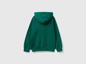 Hoodie with zip and embroidered logo - Dark Green | Benetton