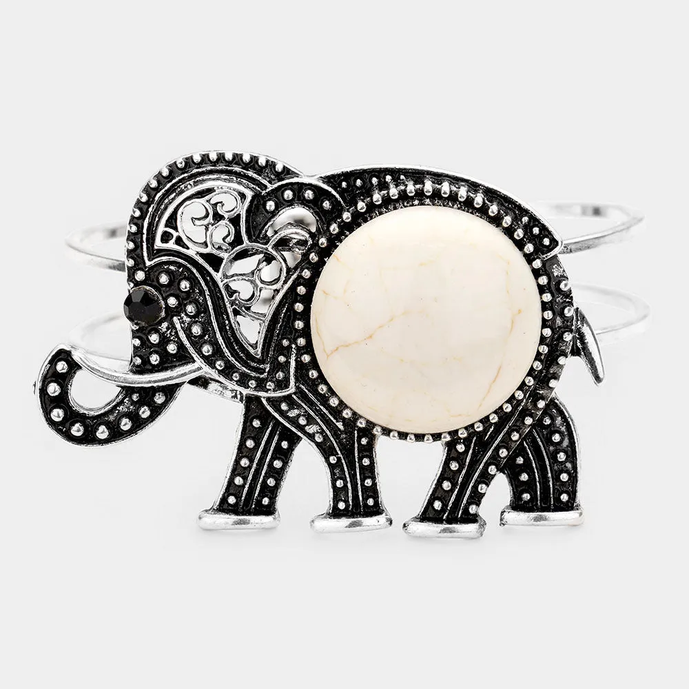 iLLASPARKZ Natural Stone Accented Embossed Metal Elephant Hinged Bracelet