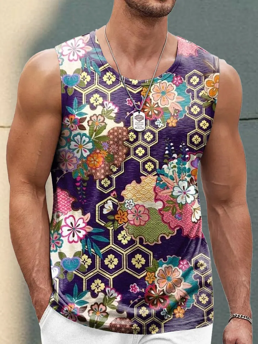 Japanese Ukiyo-E Geometric Floral Print Casual Sleeveless Tank Top