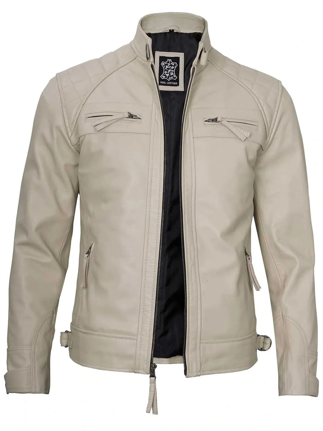 Johnson Mens Beige Quilted Cafe Racer Leather Jacket