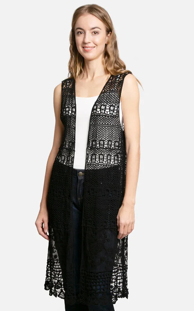 JP3017 Long Floral Crochet Vest Cover Up