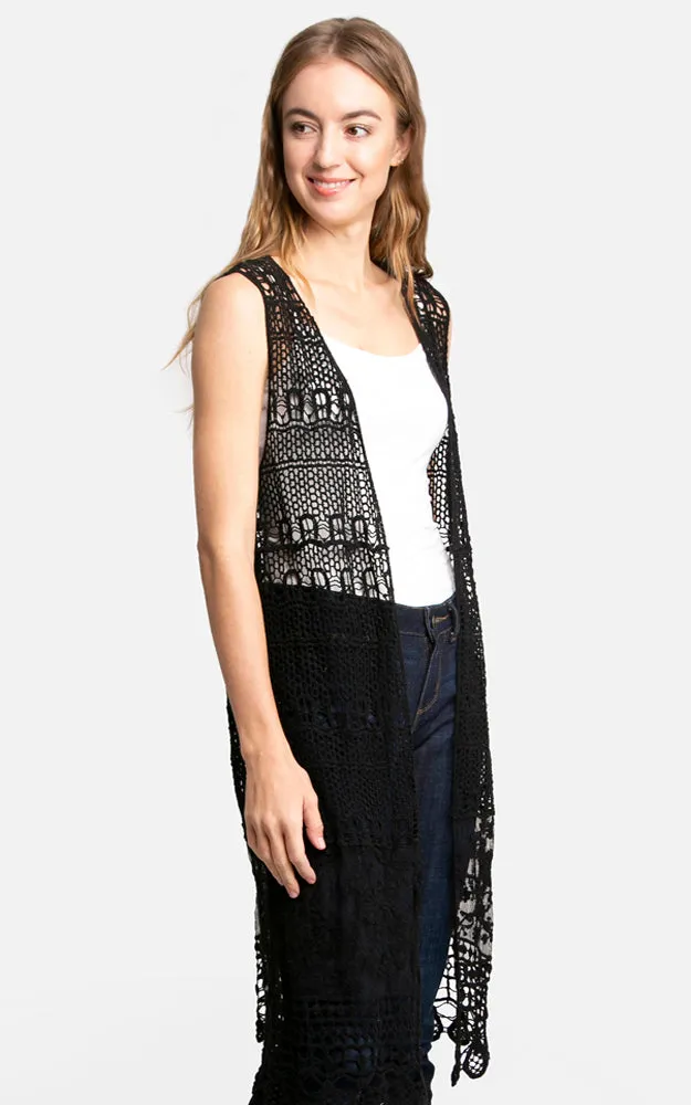 JP3017 Long Floral Crochet Vest Cover Up