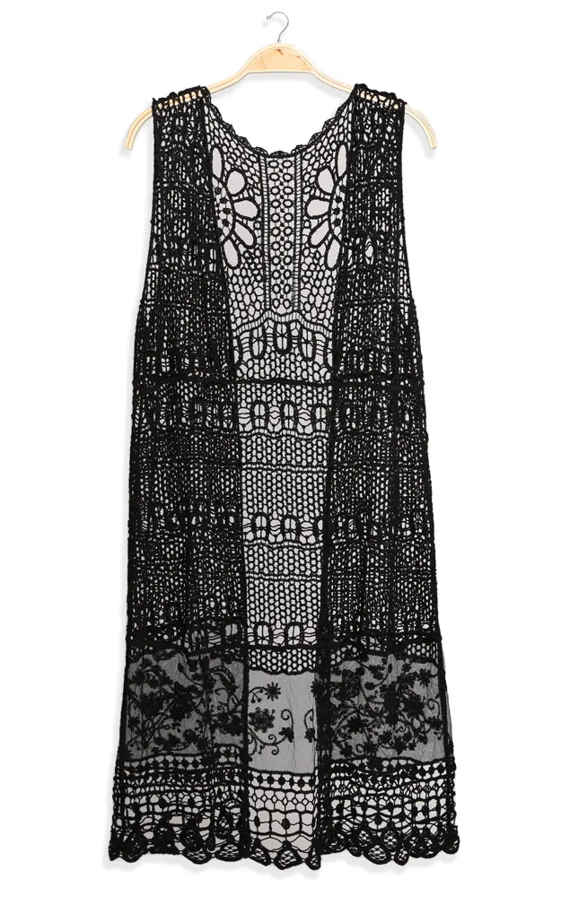 JP3017 Long Floral Crochet Vest Cover Up