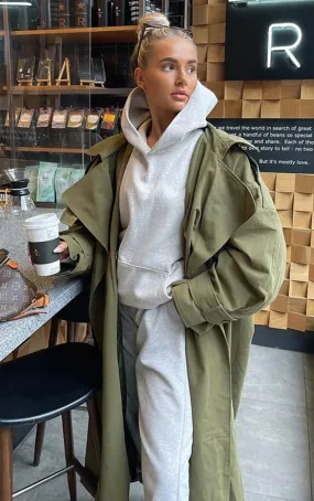 Khaki Premium Woven Hooded Oversized Trench Coat