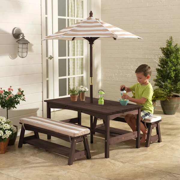 KidKraft Outdoor Table And Bench Set, Oatmeal/White Stripe