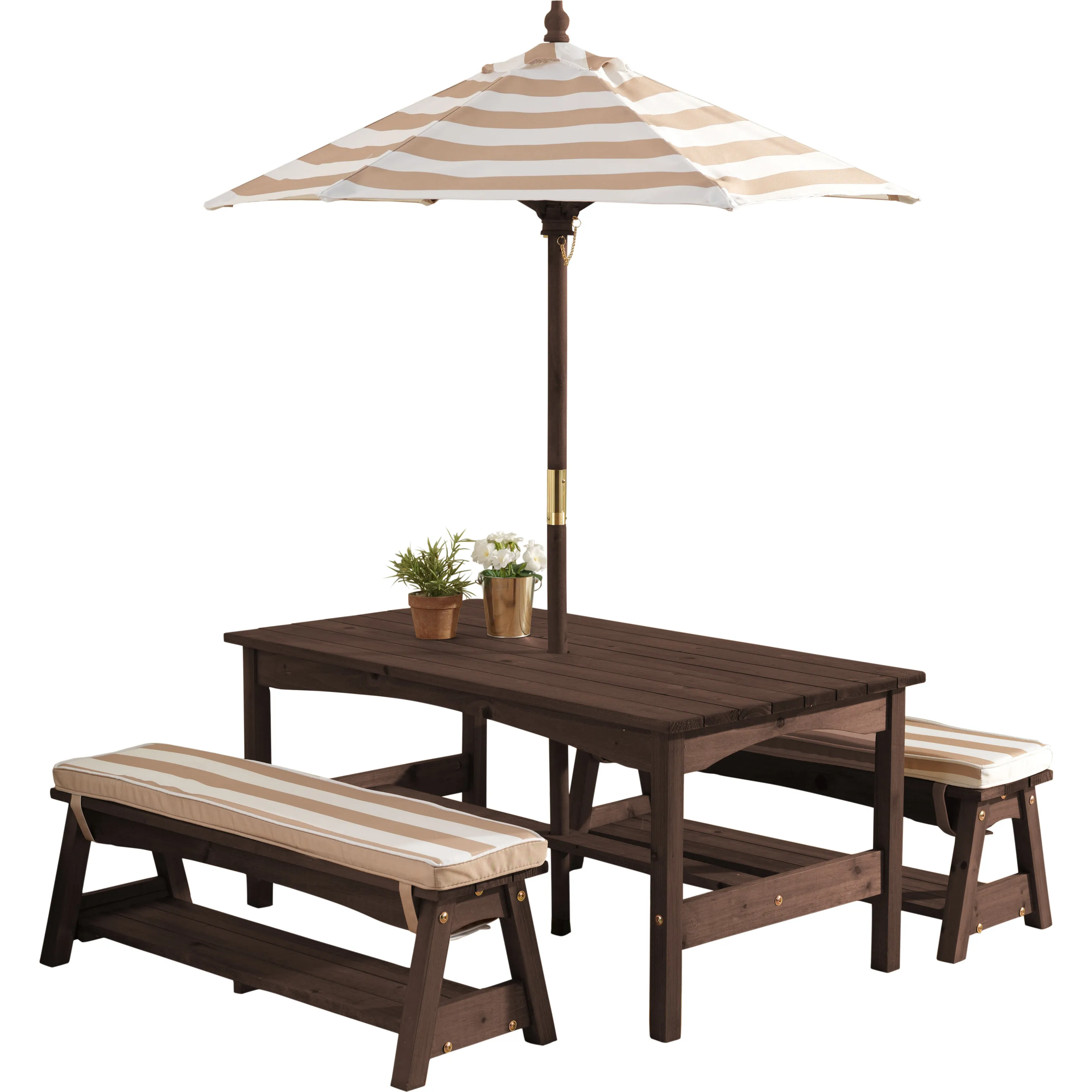 KidKraft Outdoor Wooden Table & Bench with Cushions and Umbrella, Espresso