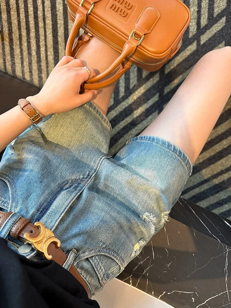 King's amazing pants! ! High-waisted distressed denim shorts for women 2024 new summer versatile slimming wide-leg hot pants