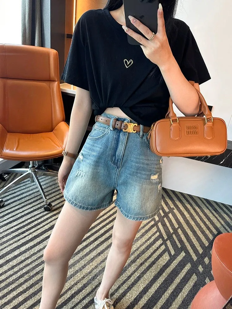 King's amazing pants! ! High-waisted distressed denim shorts for women 2024 new summer versatile slimming wide-leg hot pants