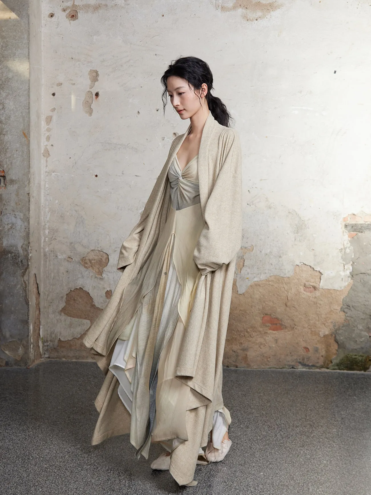 Knitted Pile Collar Long Gown Cardigan