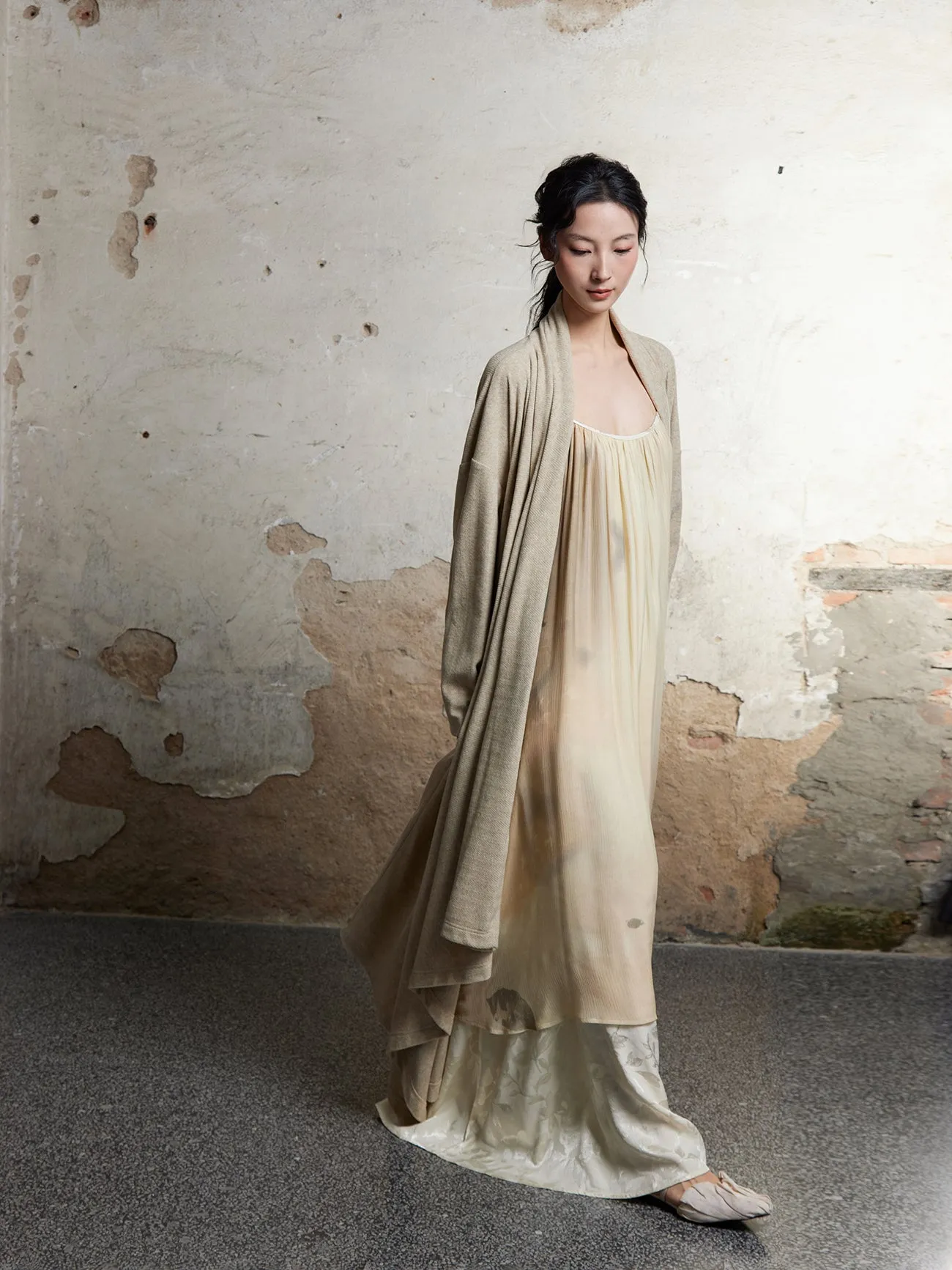 Knitted Pile Collar Long Gown Cardigan