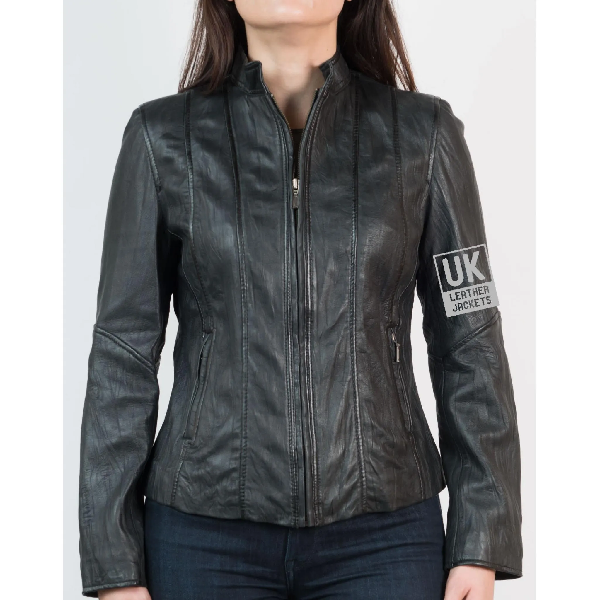Ladies Black Classic Zip Leather Jacket - Crushed Finish | Free UK Delivery